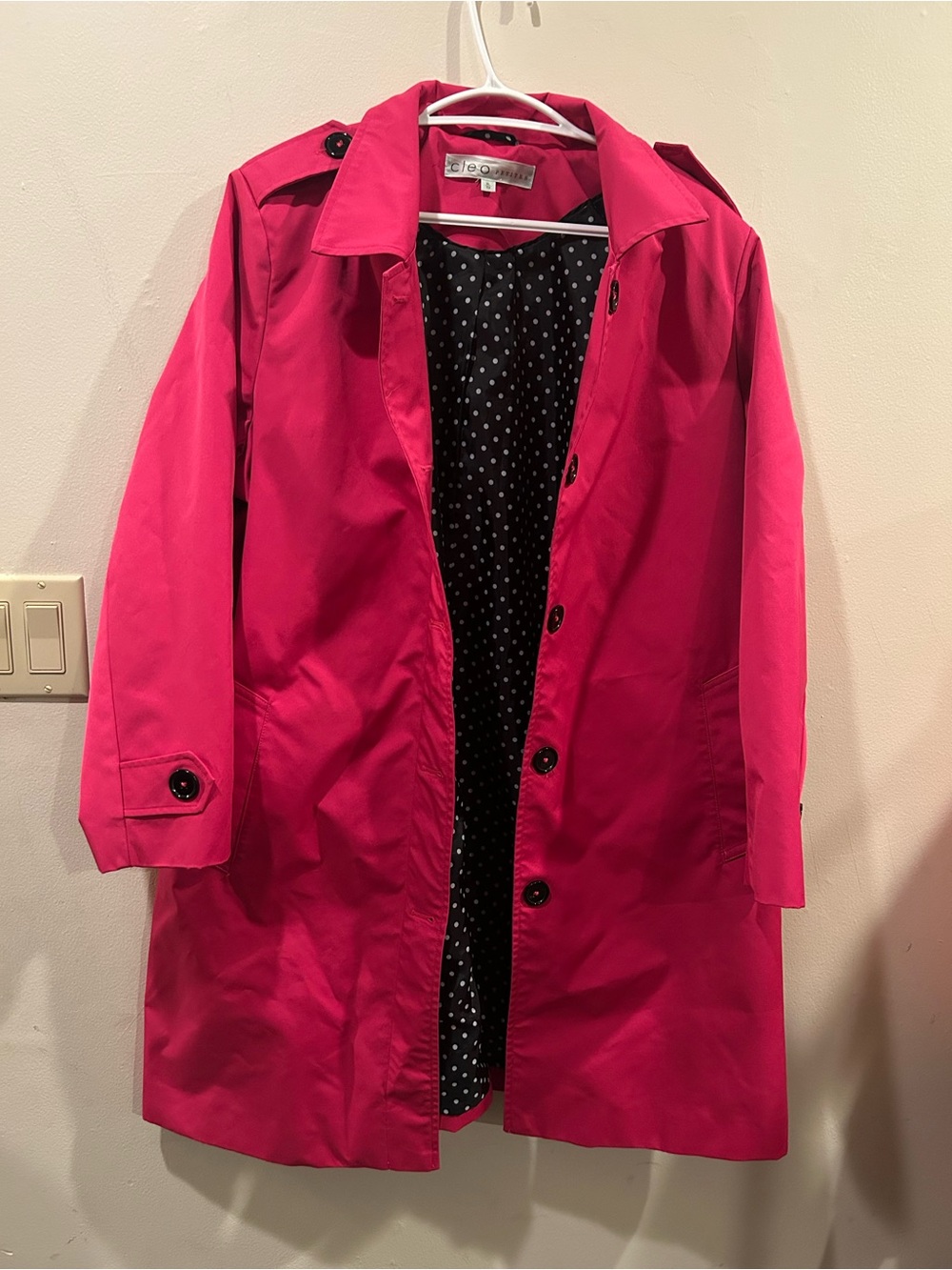 cleo Hot Pink Women's Trench Coat with Polka Dot Lining